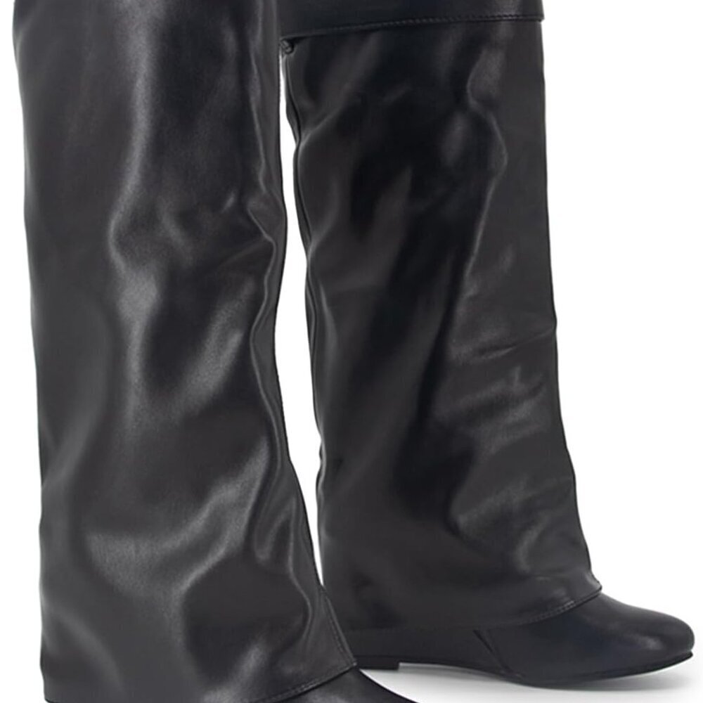 Women's Leather Knee High Boots Wedge Heel Flat Shoes Fall Winter Dress